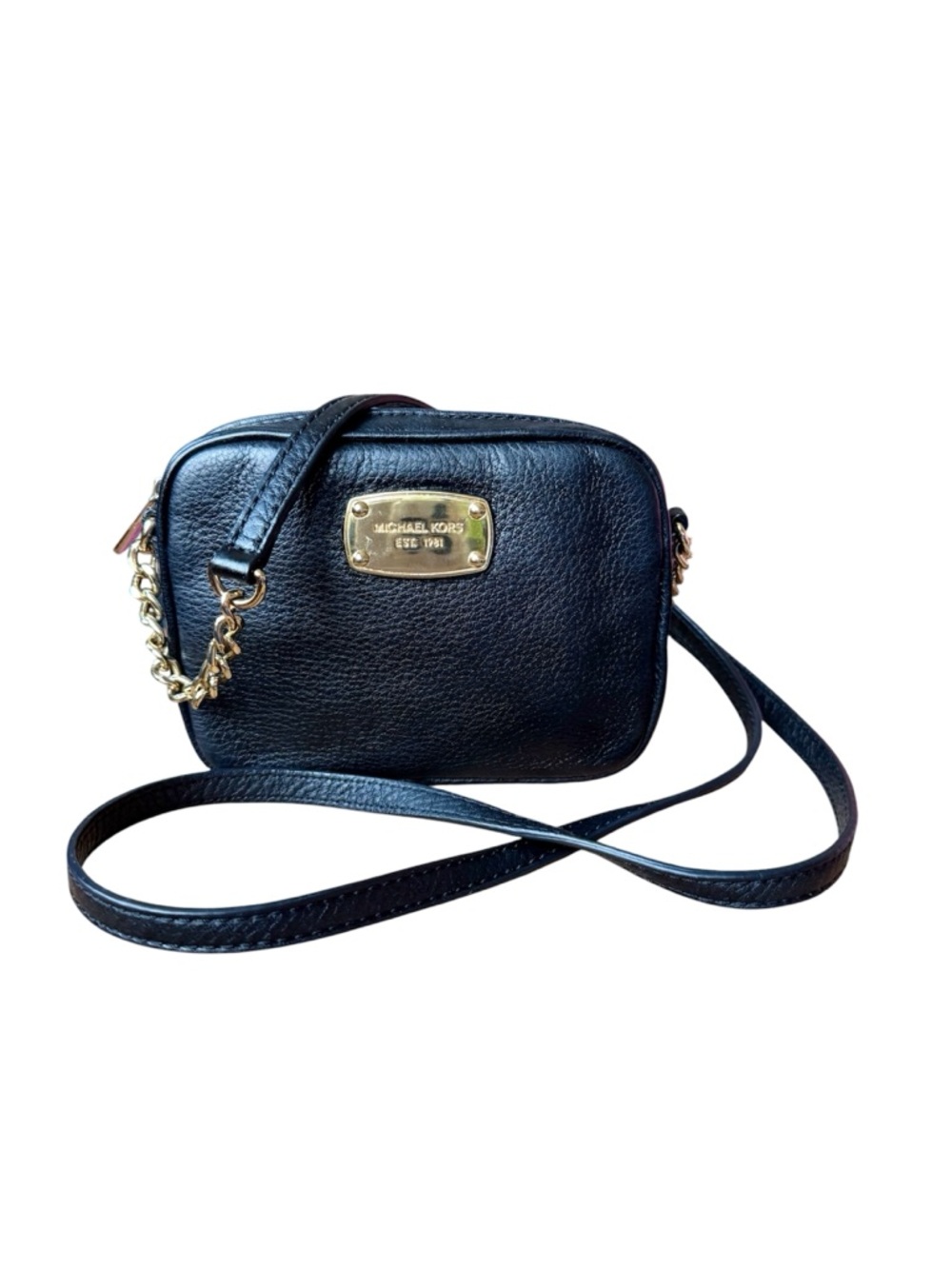 Michael Kors Black Leather Crossbody with Gold Plaque